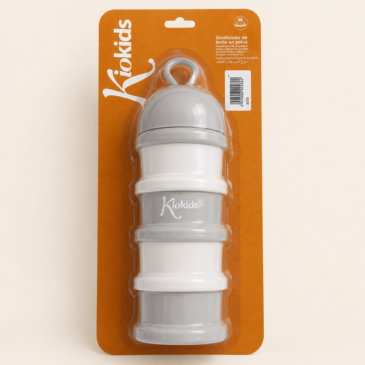 Dispensador de leche en polvo gris con tapa y boquilla dosificadora – NANNA
