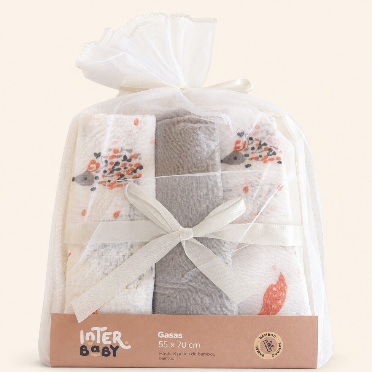 Pack 3 gasas de bambú para bebé 55×70 cm estampado Fox – NANNA